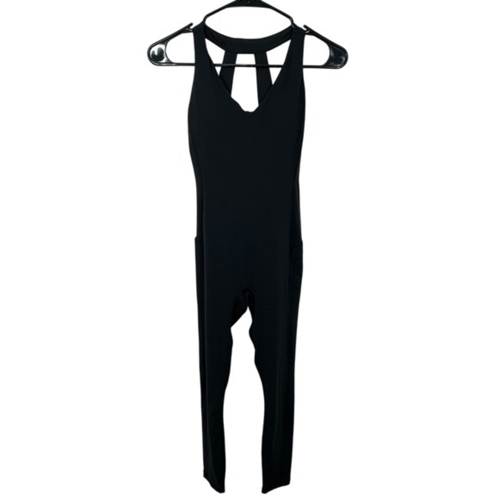 Athleta Transcend Bodysuit Black Yoga Pilates One Piece Strappy Back Pockets XS
